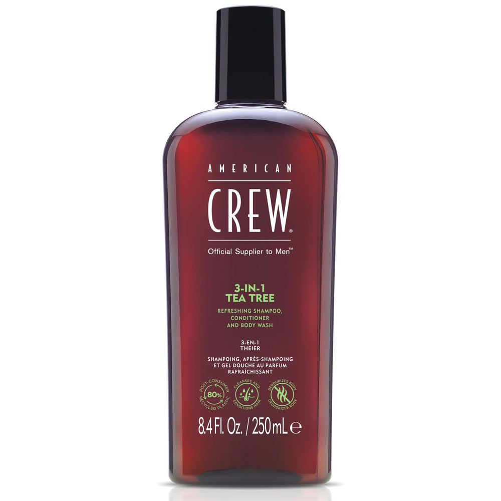 American Crew 3-in-1 Tea Tree bottle front, versatile grooming essential for hair and skin refreshing