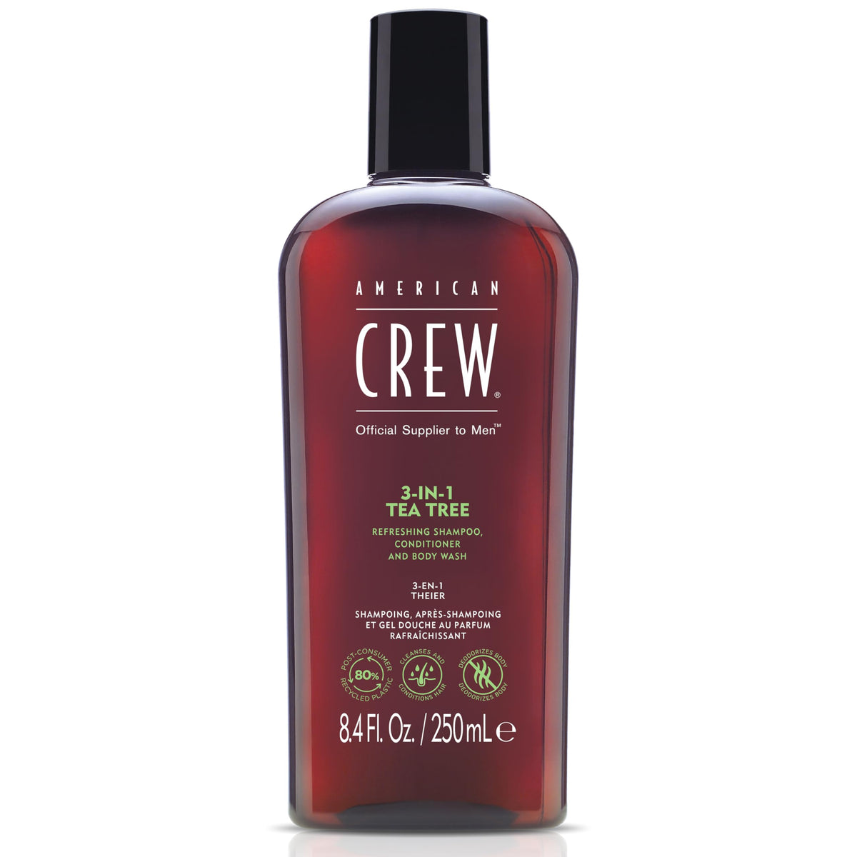 American Crew 3-in-1 Tea Tree bottle front, versatile grooming essential for hair and skin refreshing