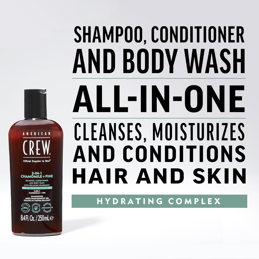 American Crew 3in1 Chamomile Pine bottle back highlights calming scent and skin benefits.