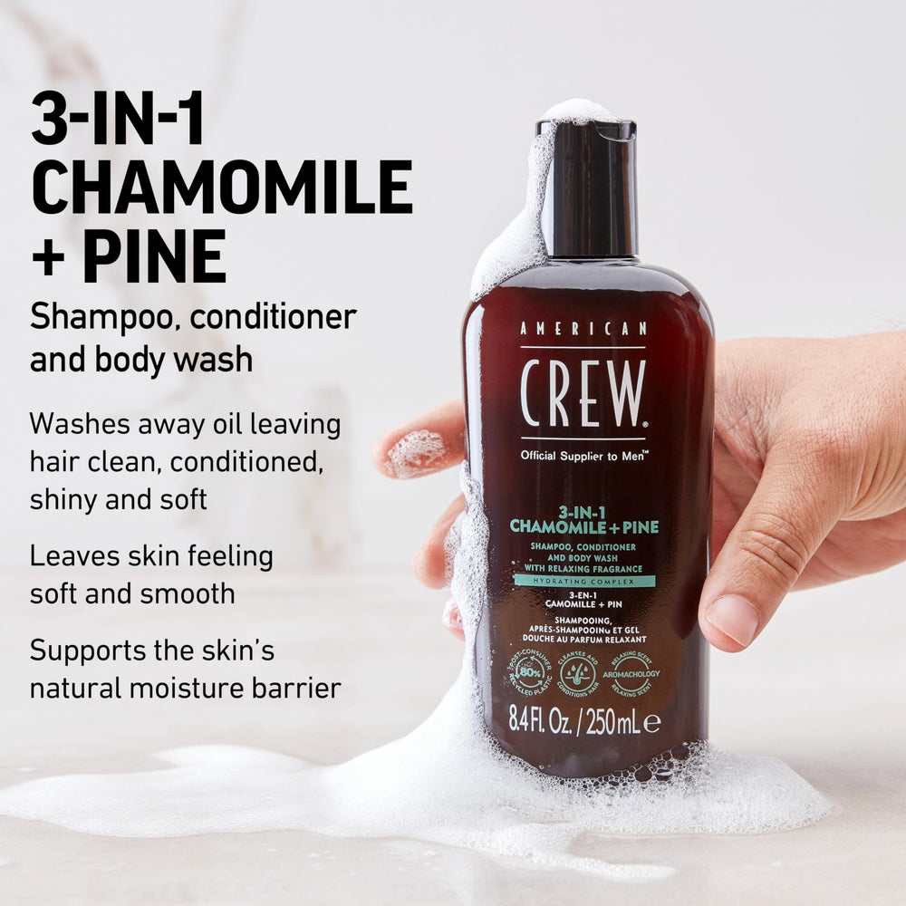 American Crew 3in1 Chamomile Pine label closeup emphasizes refreshing fragrance.