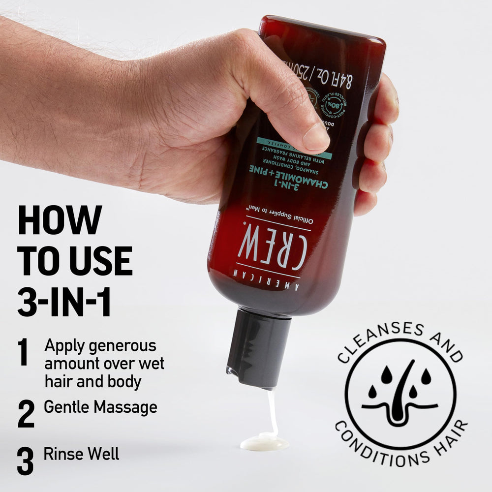 American Crew 3in1 Chamomile Pine product on shelf for everyday grooming.