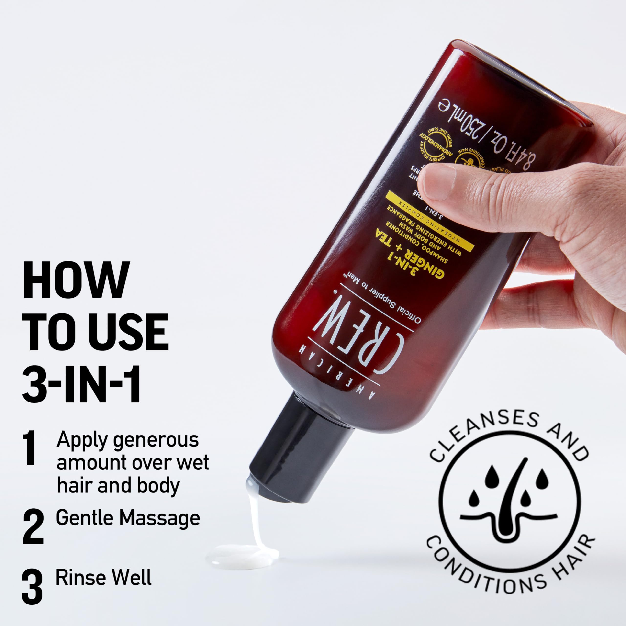 AMERICAN CREW 3-in-1 Ginger & Tea body wash applied to skin.