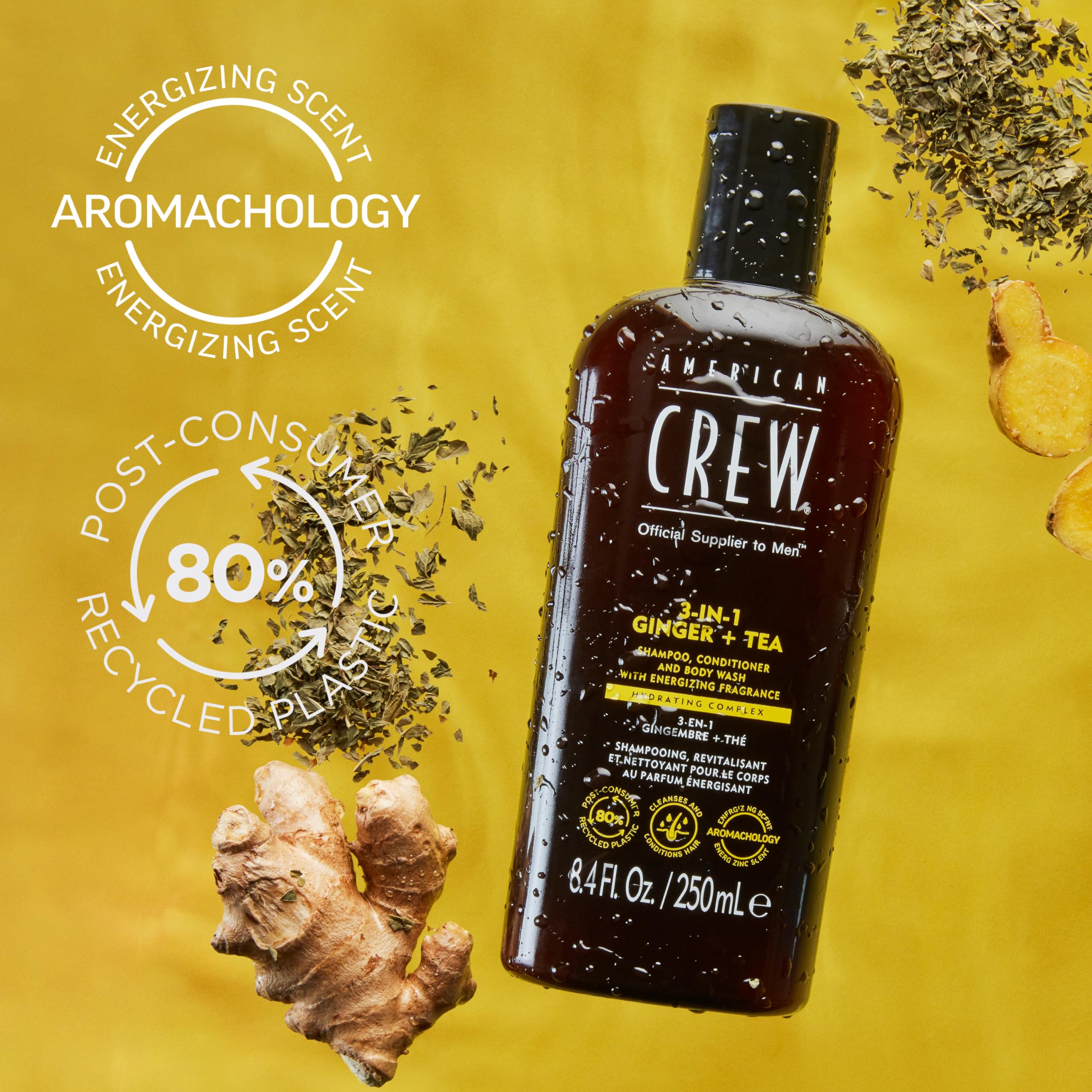 AMERICAN CREW 3-in-1 Ginger & Tea in hand, easy-grip bottle.