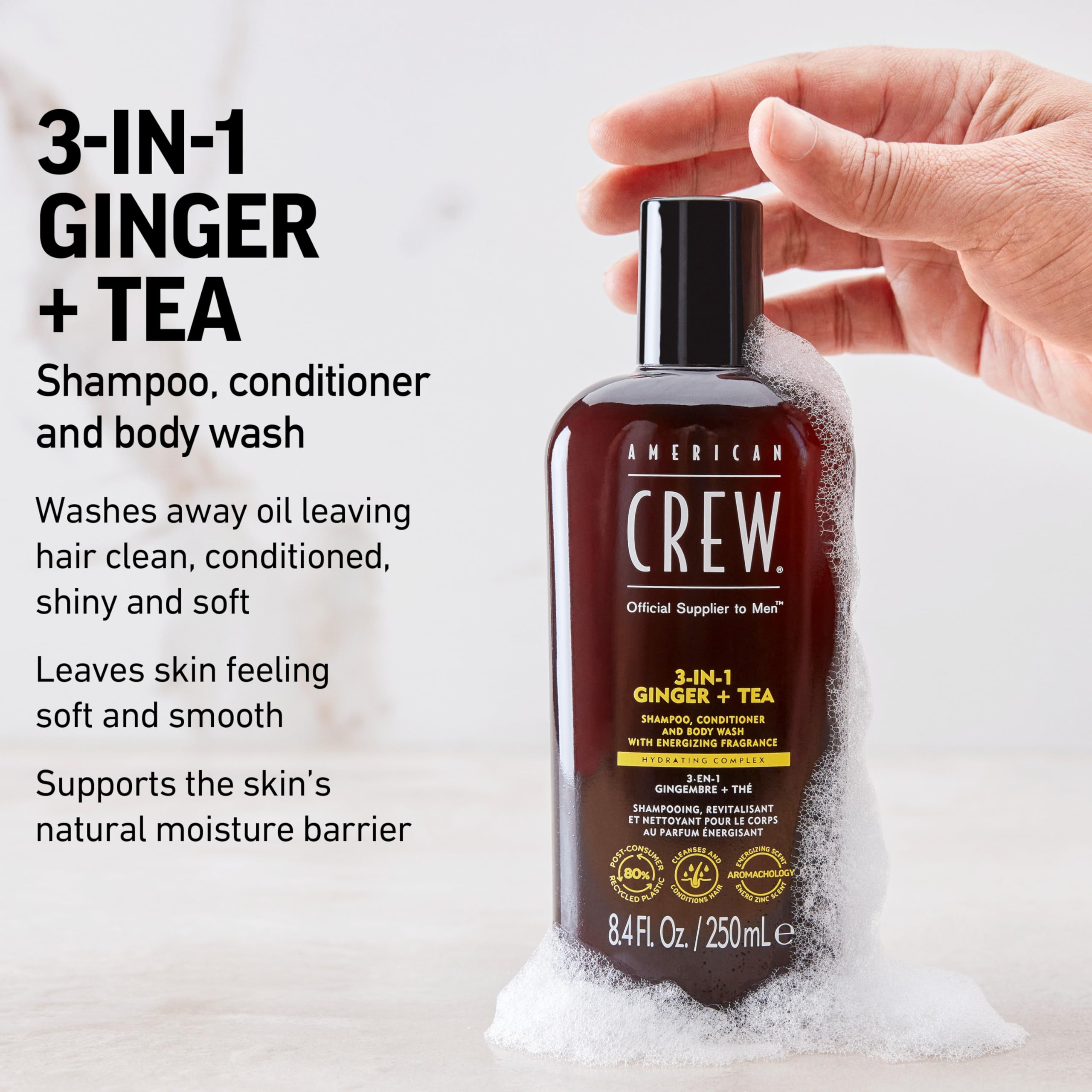 AMERICAN CREW 3-in-1 Ginger & Tea packaging box, gift-ready.