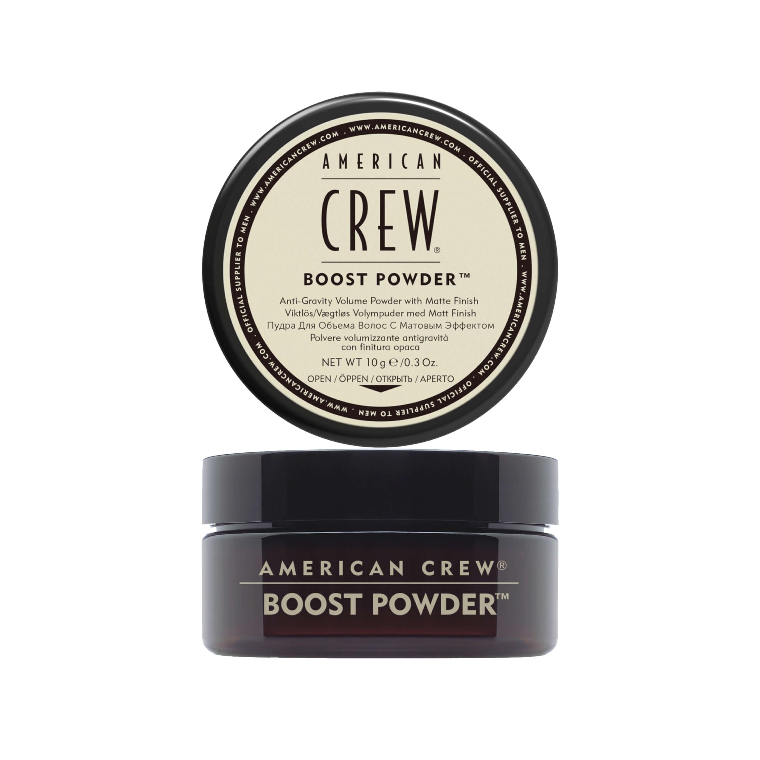 American Crew Boost Powder bottle dispense highlights weightless lift for men's hair.