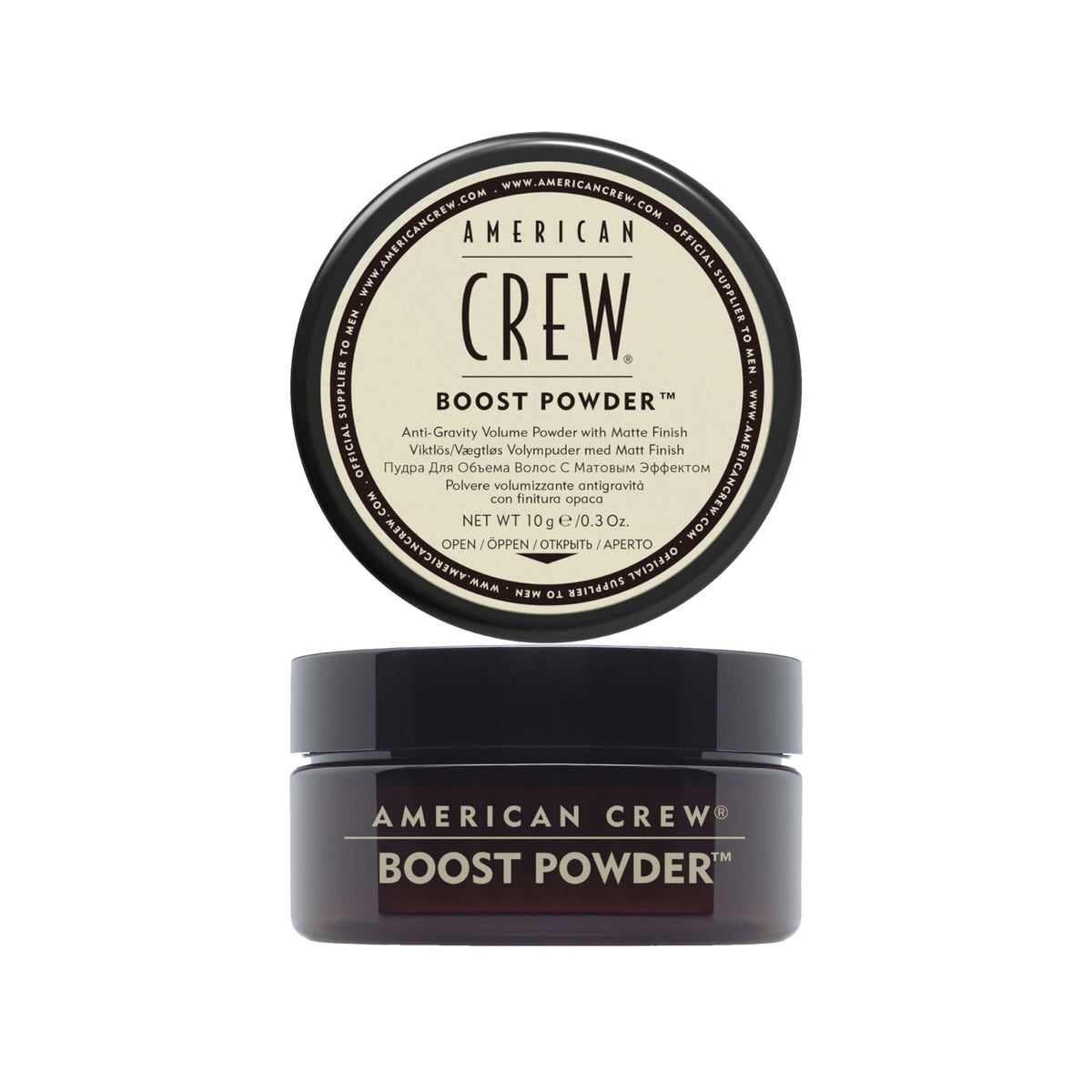 American Crew Boost Powder bottle dispense highlights weightless lift for men's hair.