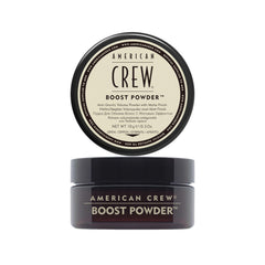American Crew Boost Powder bottle dispense highlights weightless lift for men's hair.