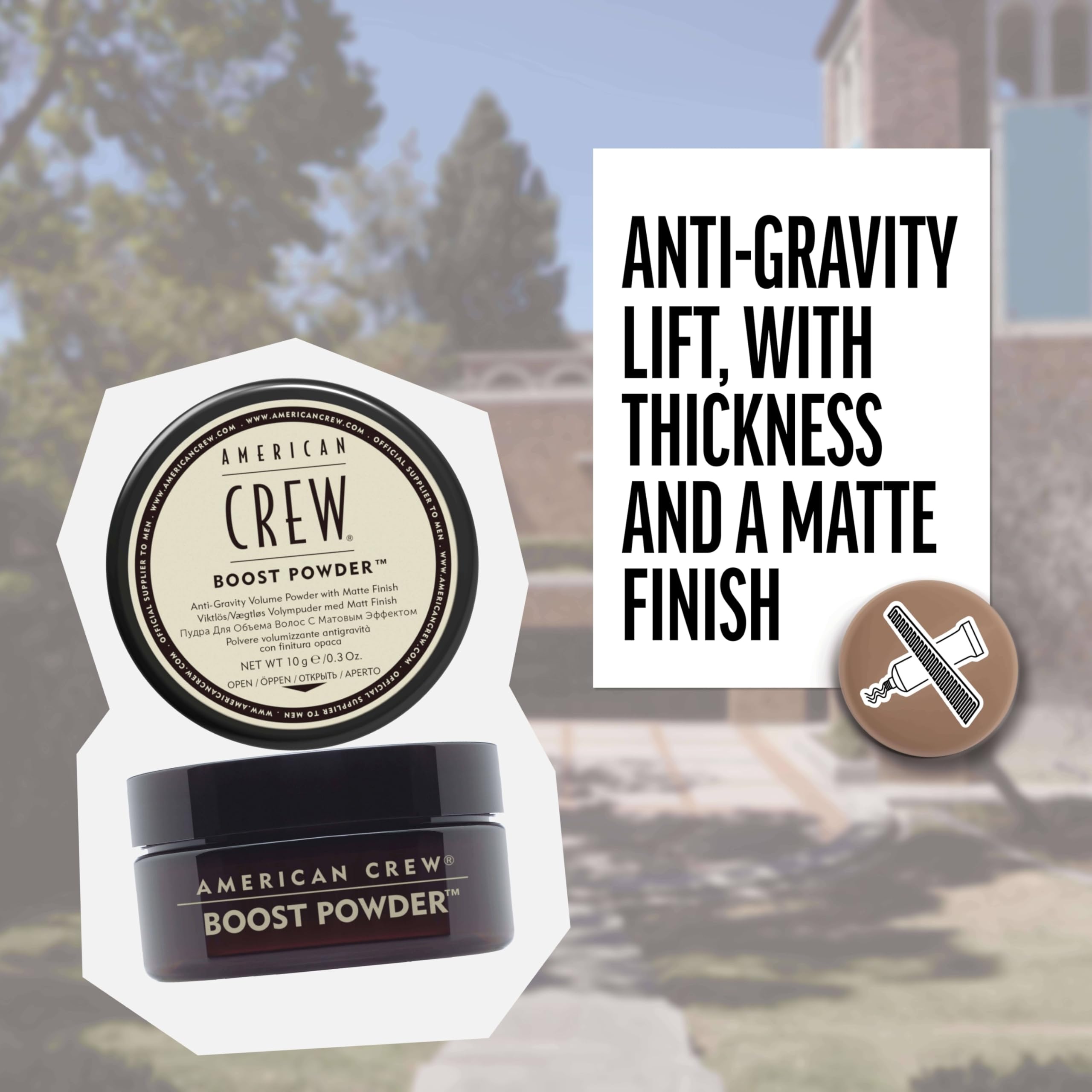 American Crew Boost Powder packaging closeup highlights compact grooming that travels well.