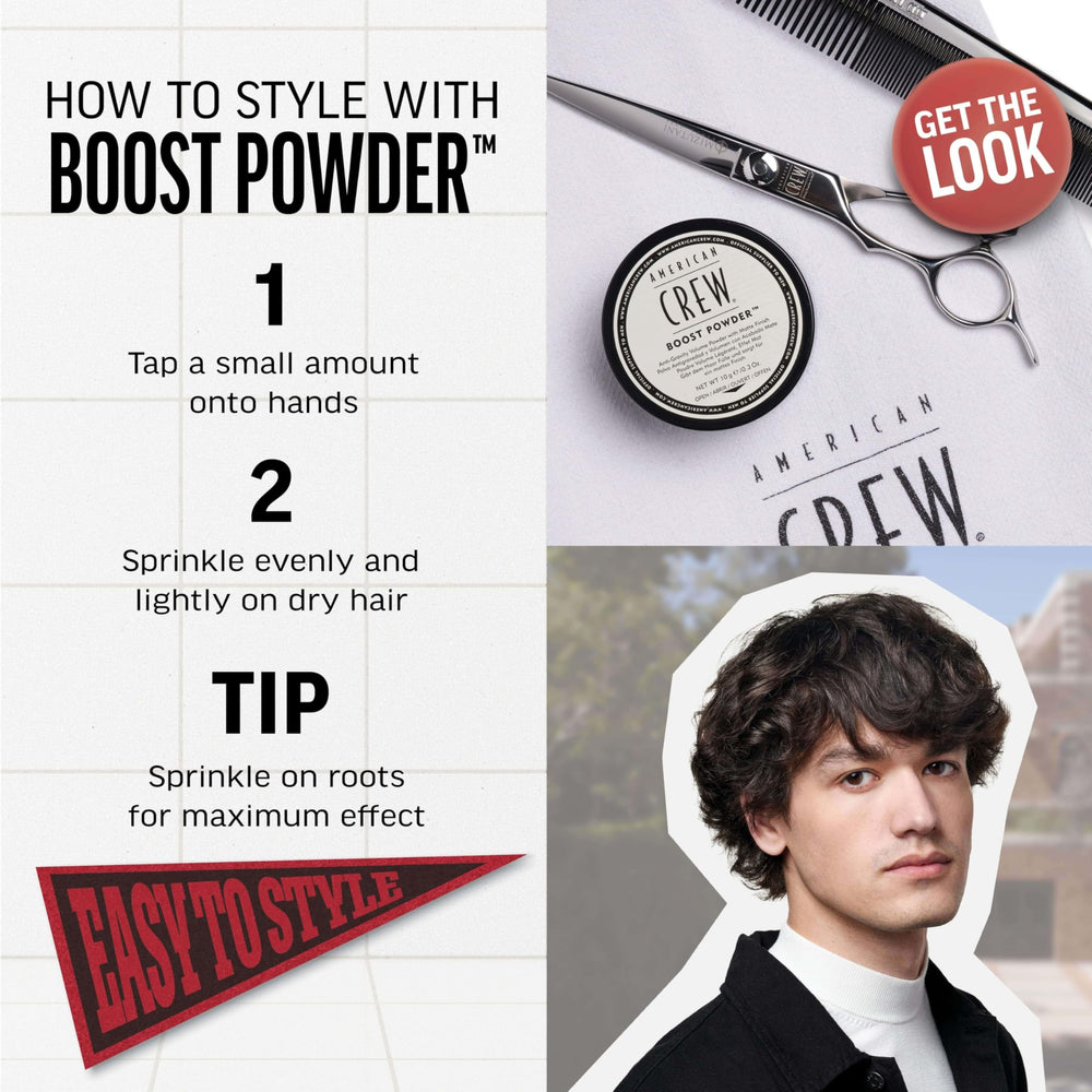 American Crew Boost Powder offers a matte finish for natural-looking, grippy styling.