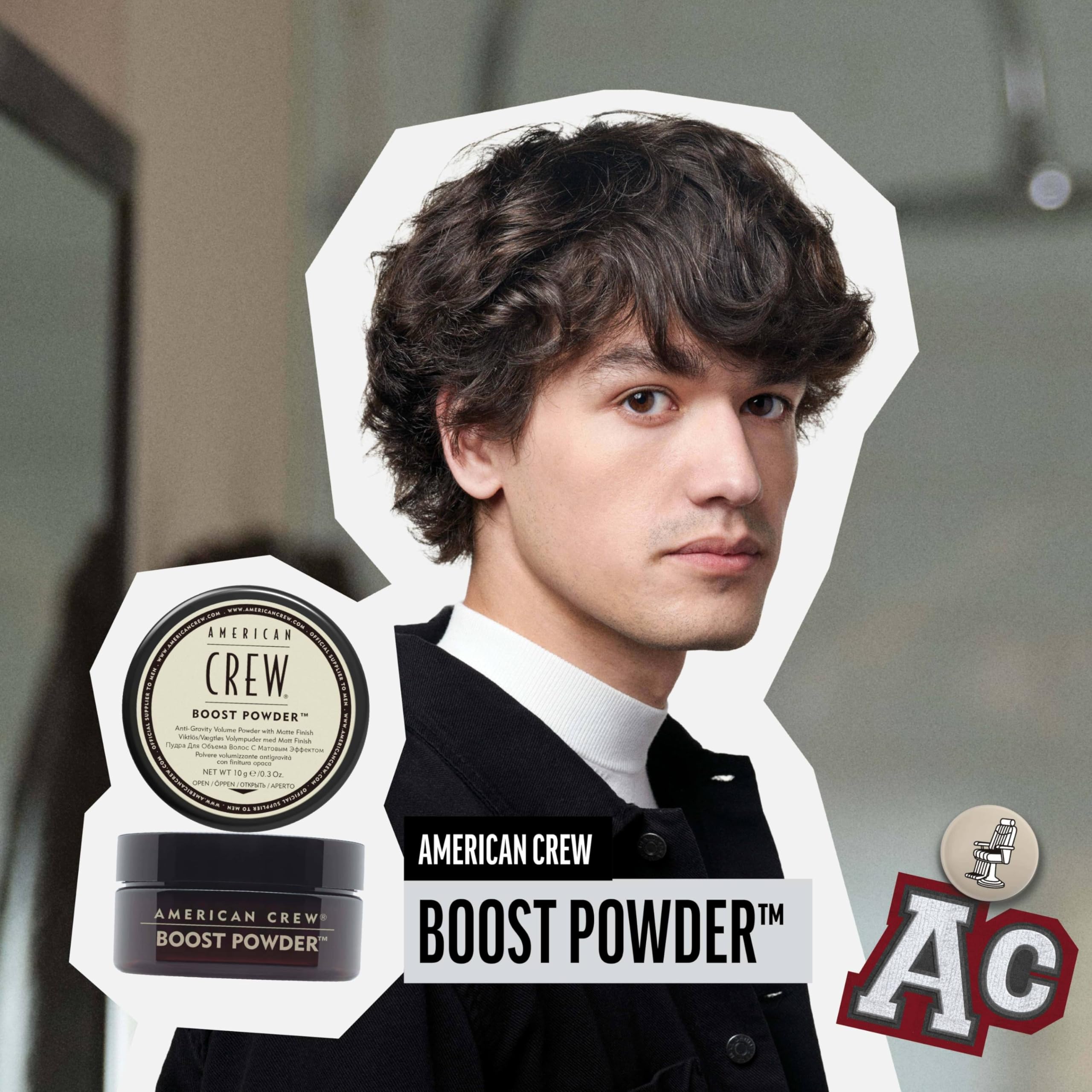 American Crew Boost Powder showcases travel-friendly size ideal for quick touch-ups.