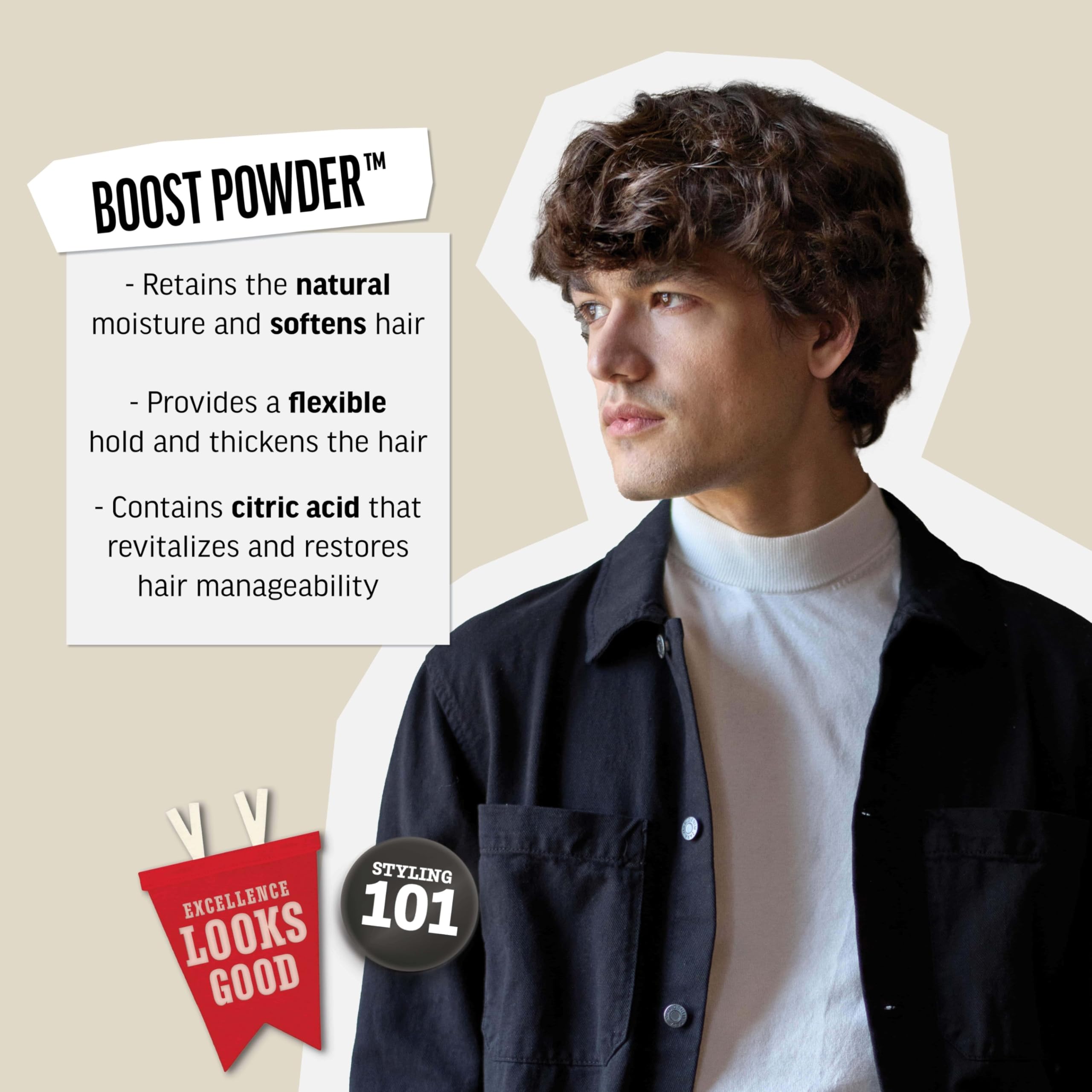 American Crew Boost Powder sprinkled on dry hair creates root lift and texture.