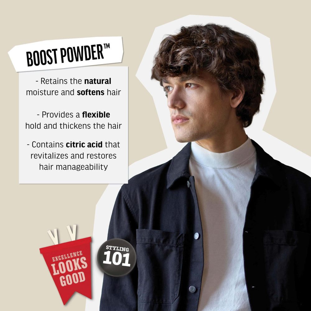 American Crew Boost Powder sprinkled on dry hair creates root lift and texture.