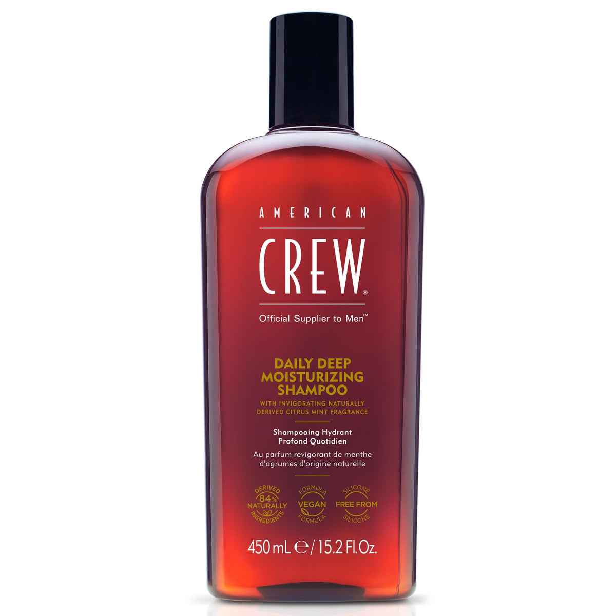 American Crew daily-deep-moisturizing shampoo bottle—hydrating cleanse for refreshed hair.