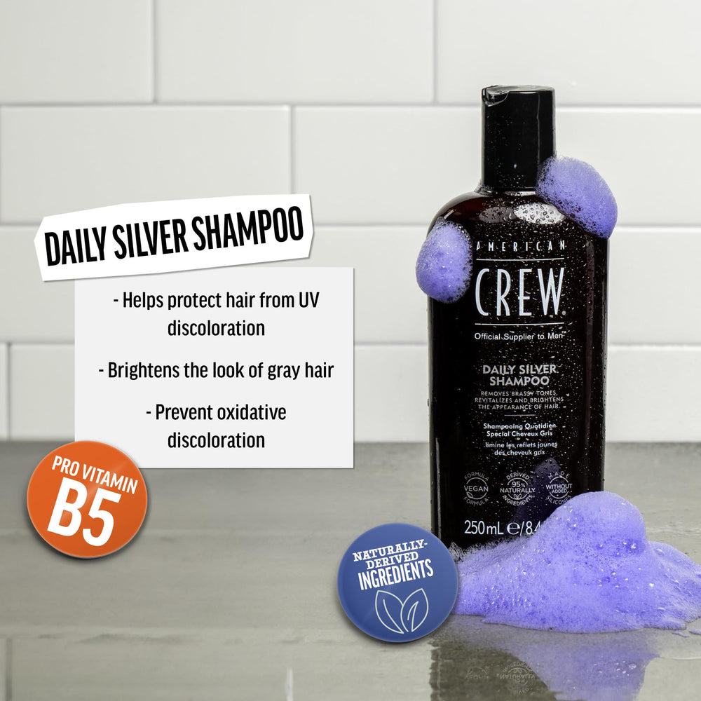 American Crew Daily Silver label close-up highlights vegan, naturally derived formula