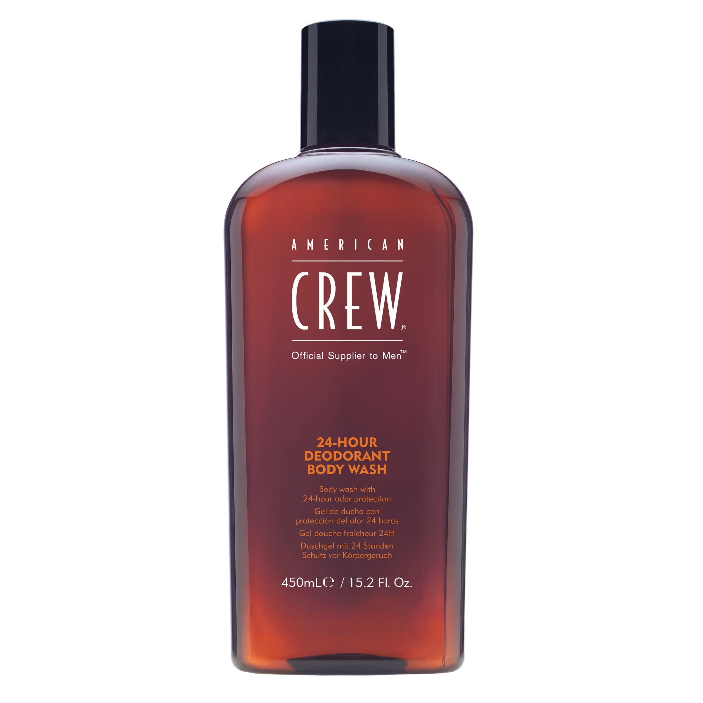 American Crew deodorant body wash bottle front promotes all-day freshness for daily grooming