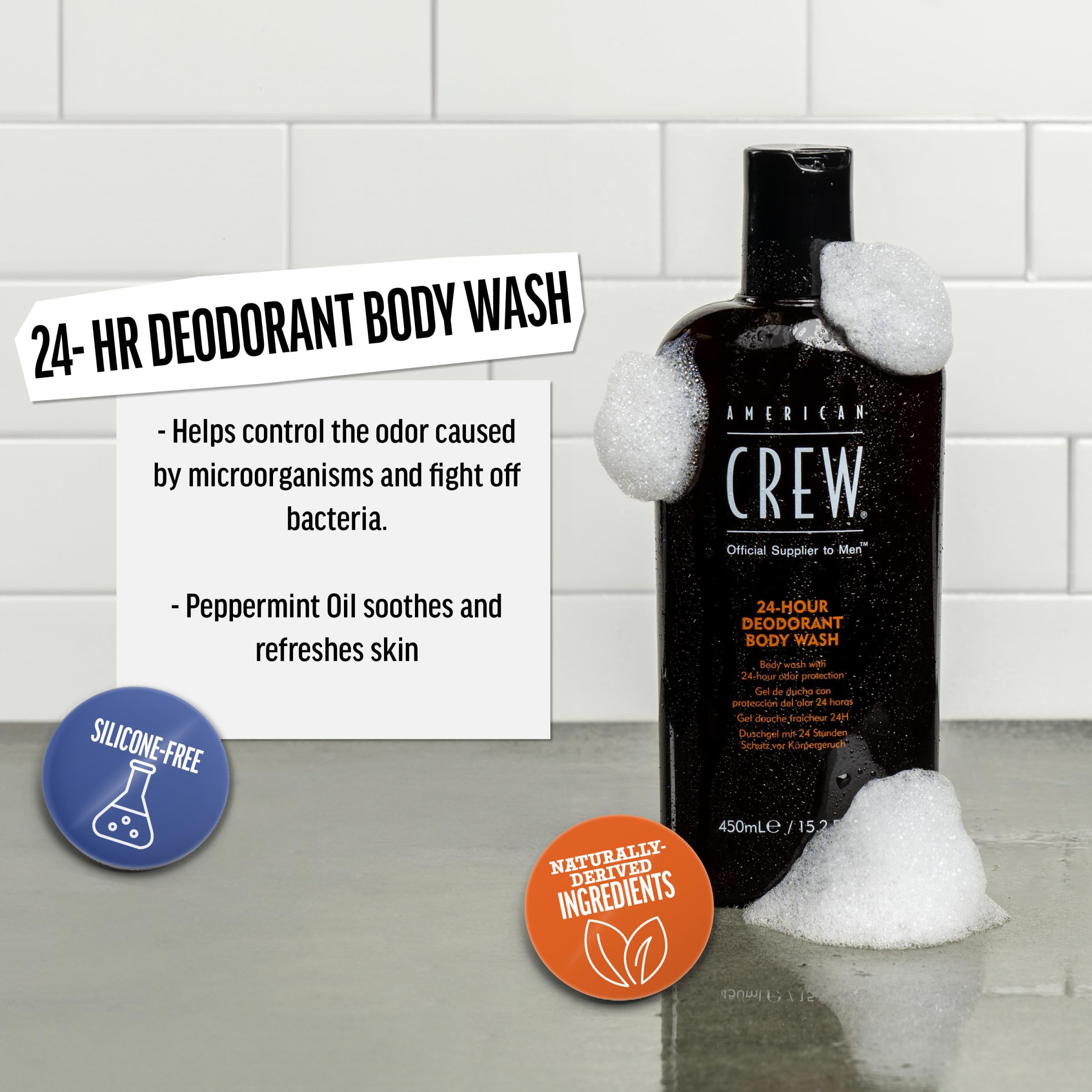 American Crew deodorant body wash being poured for a refreshed shower experience