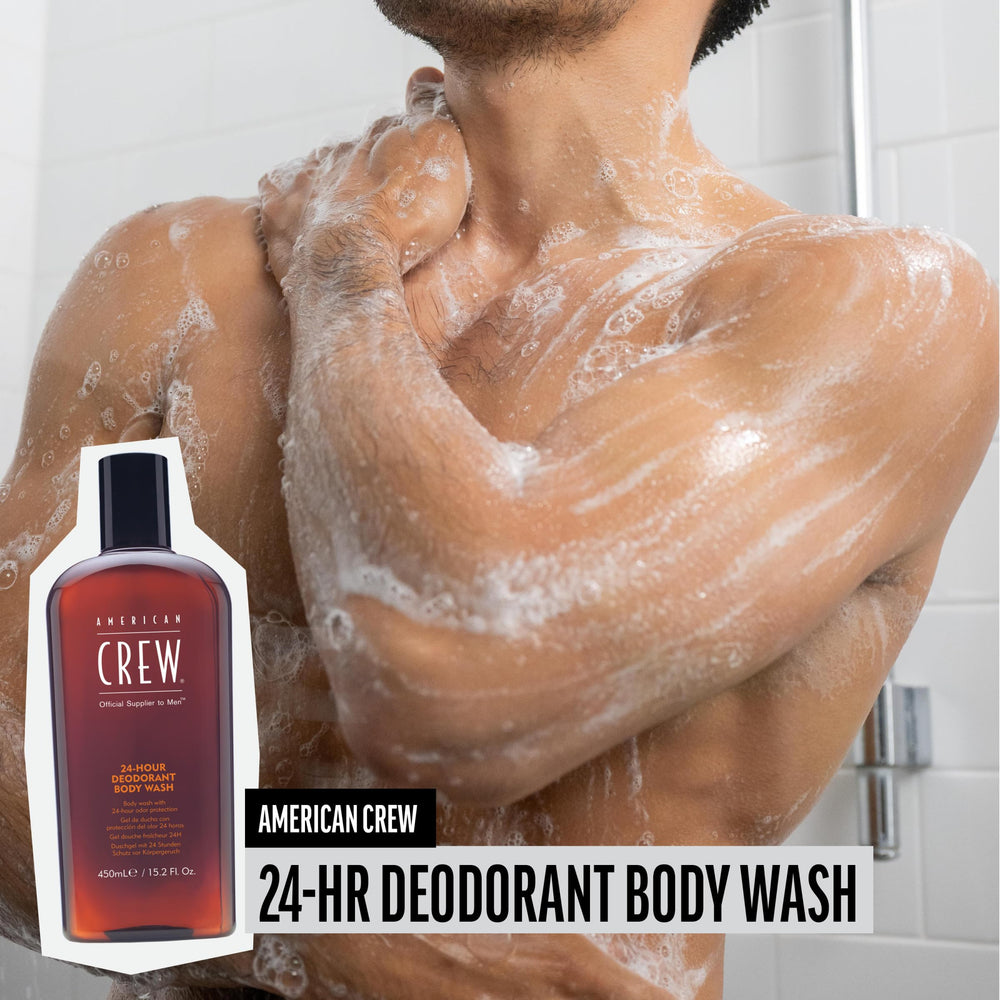 American Crew deodorant body wash in a grooming routine suggesting 24-hour protection possibilities