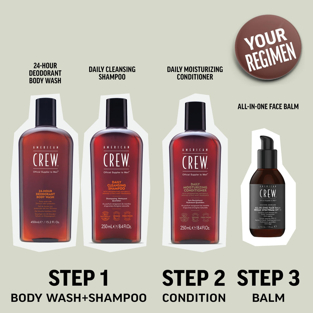 American Crew deodorant body wash men shower scene conveying daily refreshment and confidence
