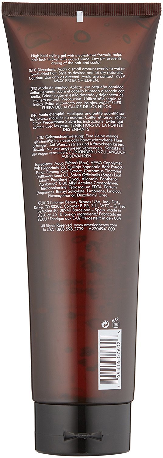 American Crew Firm Hold Gel highlights alcohol-free formula for non-drying scalp comfort.
