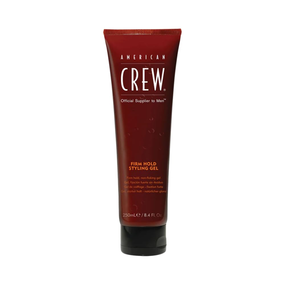 American Crew Firm Hold Styling Gel bottle shows strong hold and high shine for all-day style.