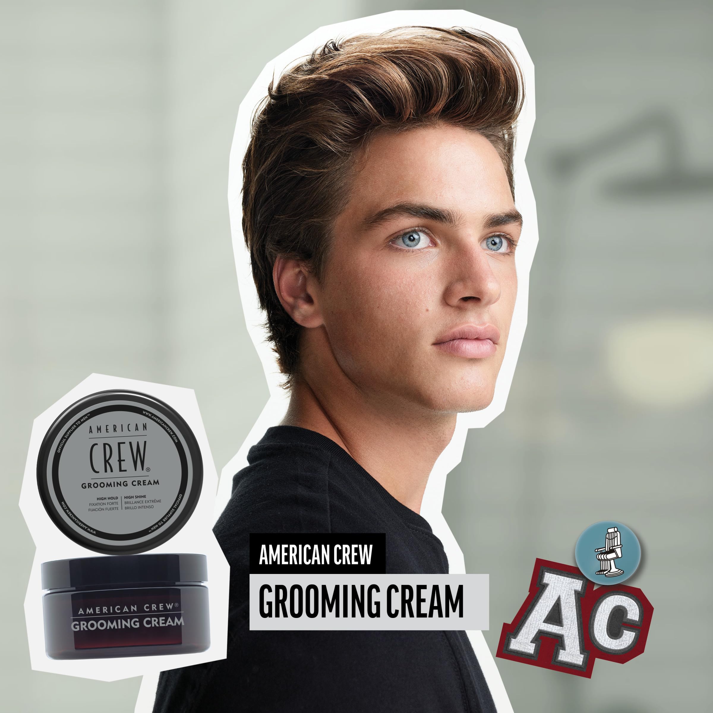American Crew Grooming Cream apply-and-style scene highlights easy application on towel-dried hair.