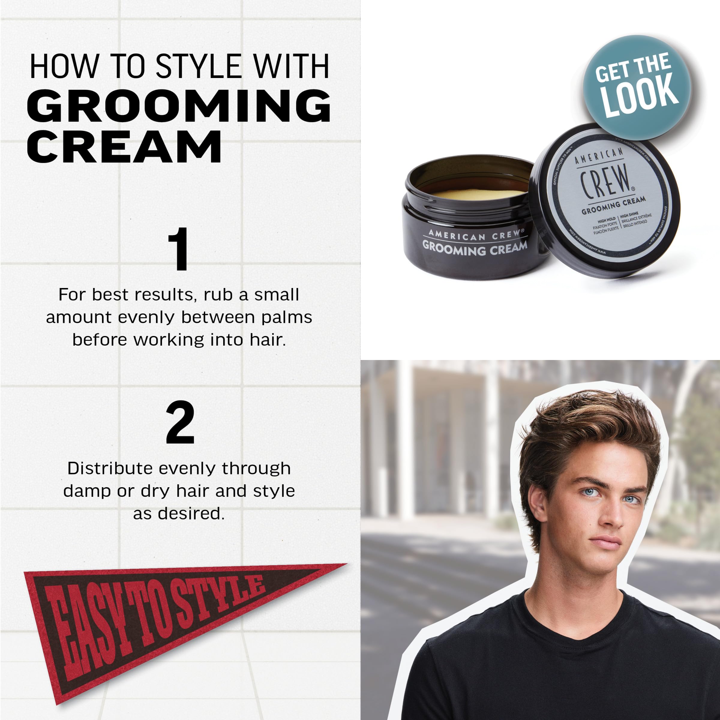 American Crew Grooming Cream close-up texture ideal for short-to-medium hairstyles.