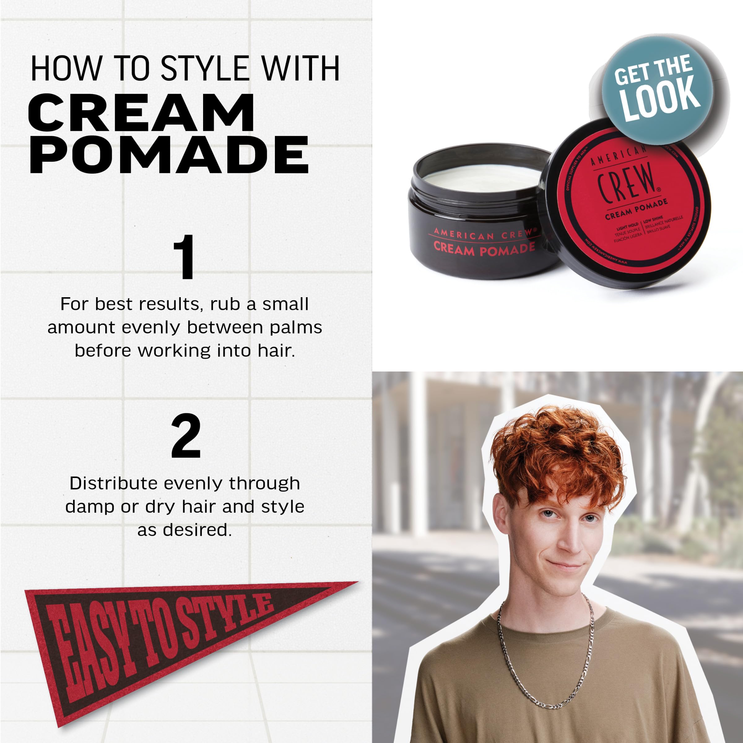 American Crew Hair Cream Pomade on towel-dried hair creates textured definition with soft hold