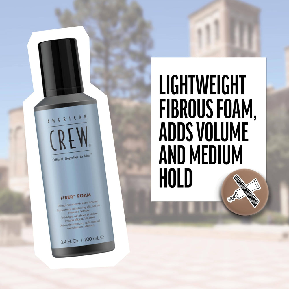 American Crew Hair Fiber Grooming Foam dispensing cap demonstrates easy application for damp or dry hair