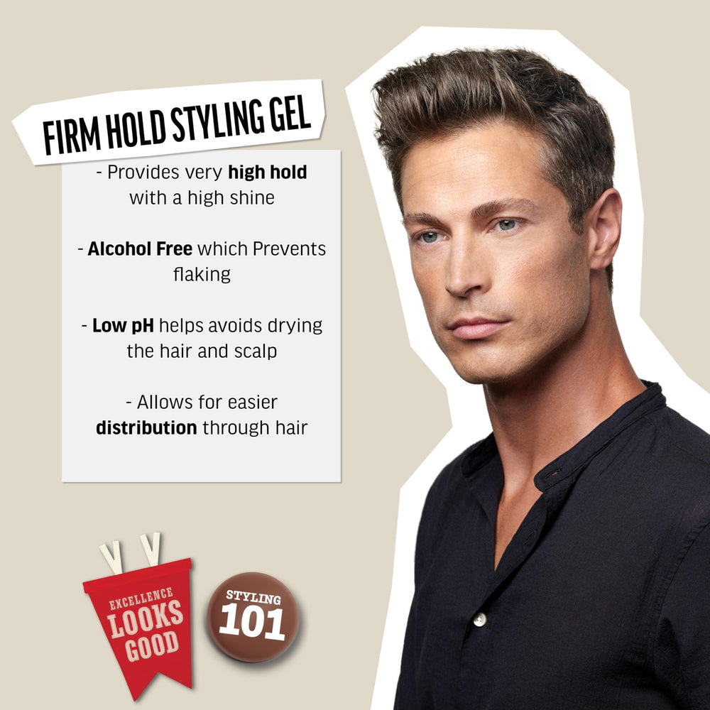American Crew hair gel high-shine-finish highlights a glossy, polished look.