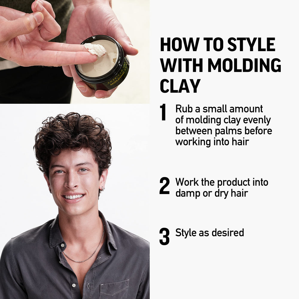 Amercan Crew molding clay hands-apply demonstrates easy application for flexible styling.