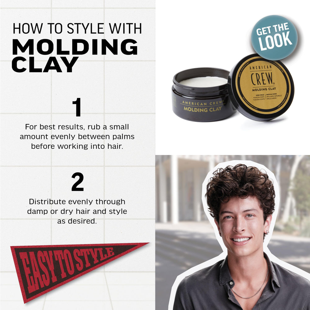 American Crew Hair Molding Clay shows matte finish for natural look.