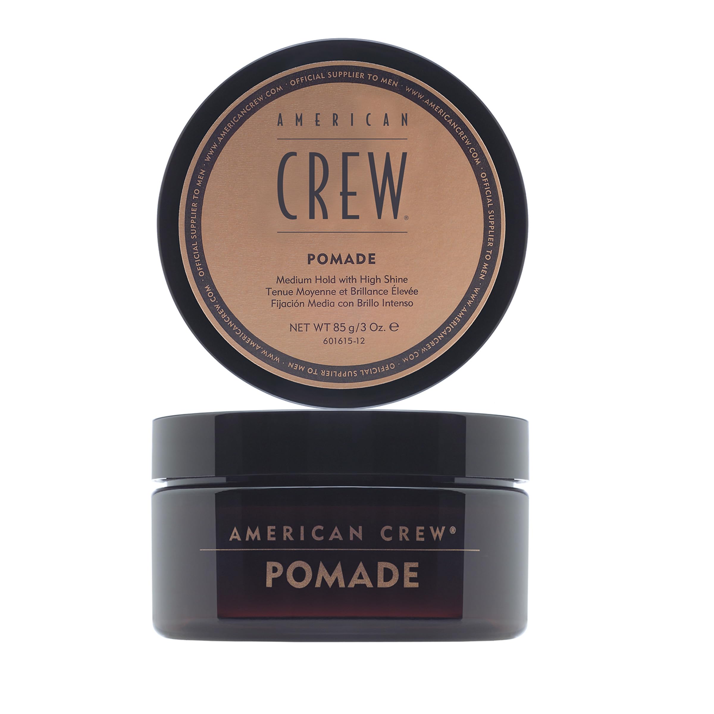 American Crew Hair Pomade 3oz jar; medium hold and high shine for versatile styling.