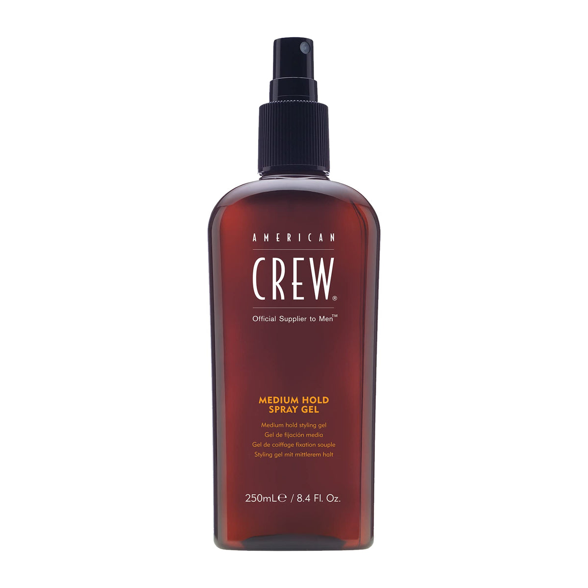 American Crew medium hold spray gel bottle with alcohol-free formula for flexible styling.