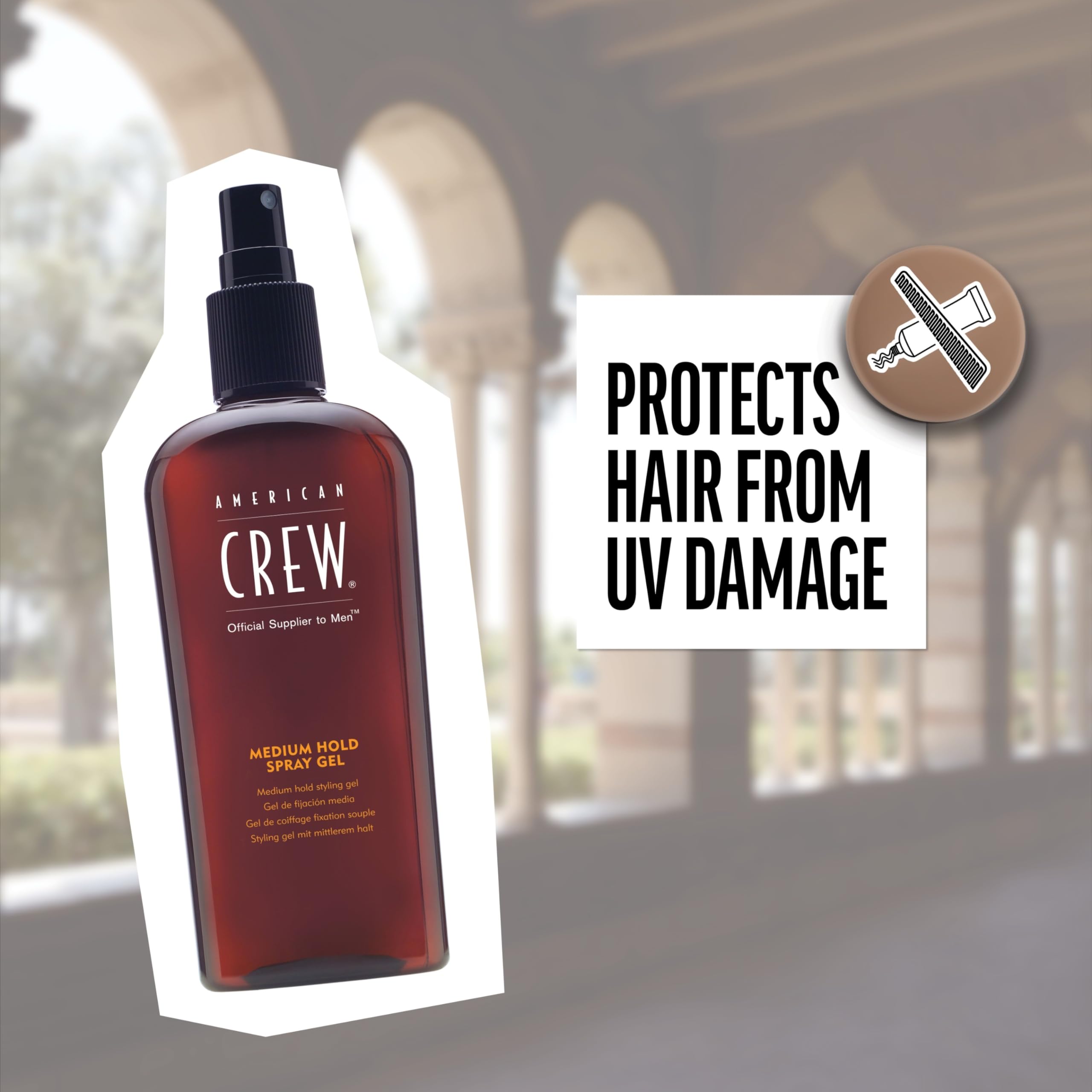American Crew gel with sunscreen for UV protection during sun exposure.