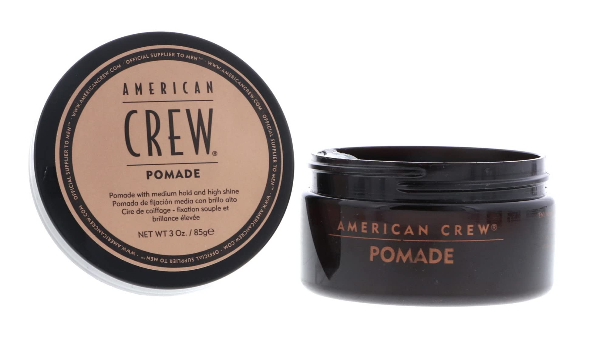 American Crew Pomade jar close-up shows sleek finish and control