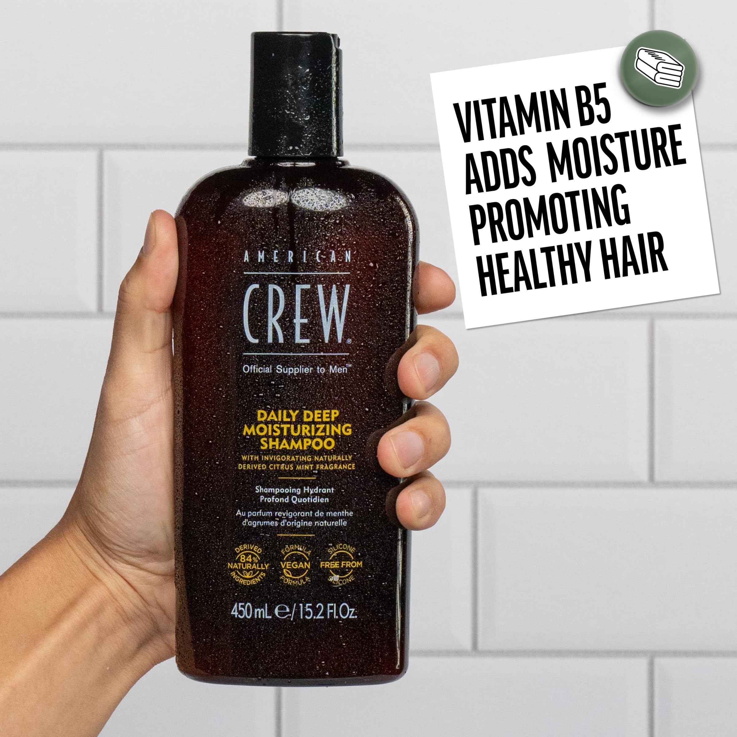American Crew shampoo lather demonstrates conditioning without buildup for daily use.
