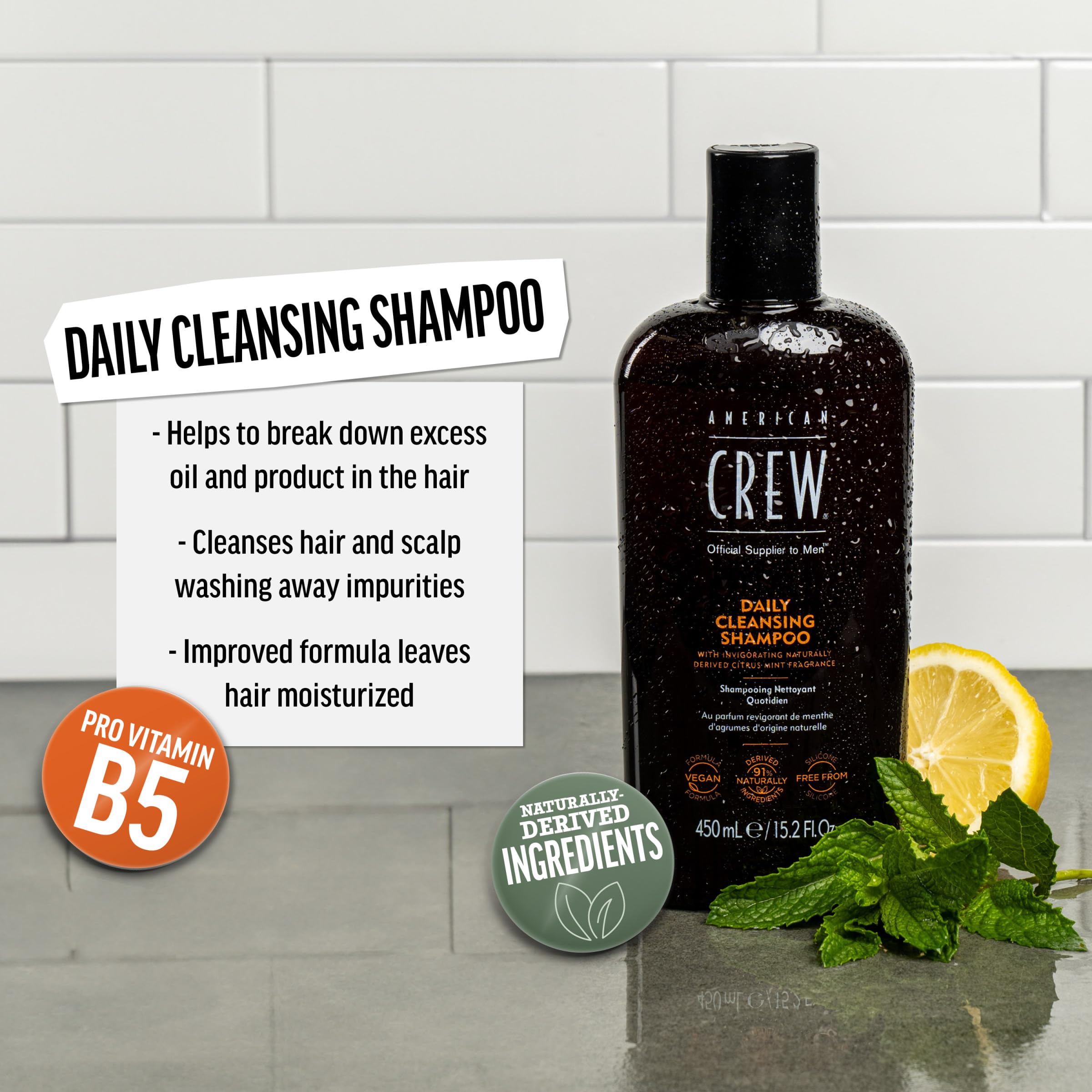 American Crew shampoo foam lather close-up showing light cleansing for normal to oily hair.