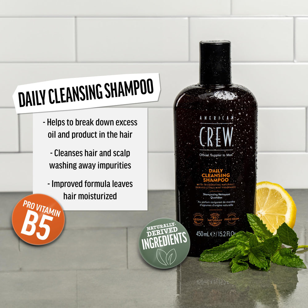 American Crew shampoo foam lather close-up showing light cleansing for normal to oily hair.