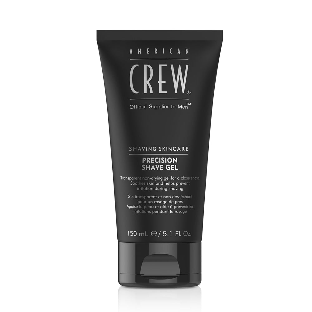 American Crew shave gel close-up tube highlights non-foaming formula for precise shaving