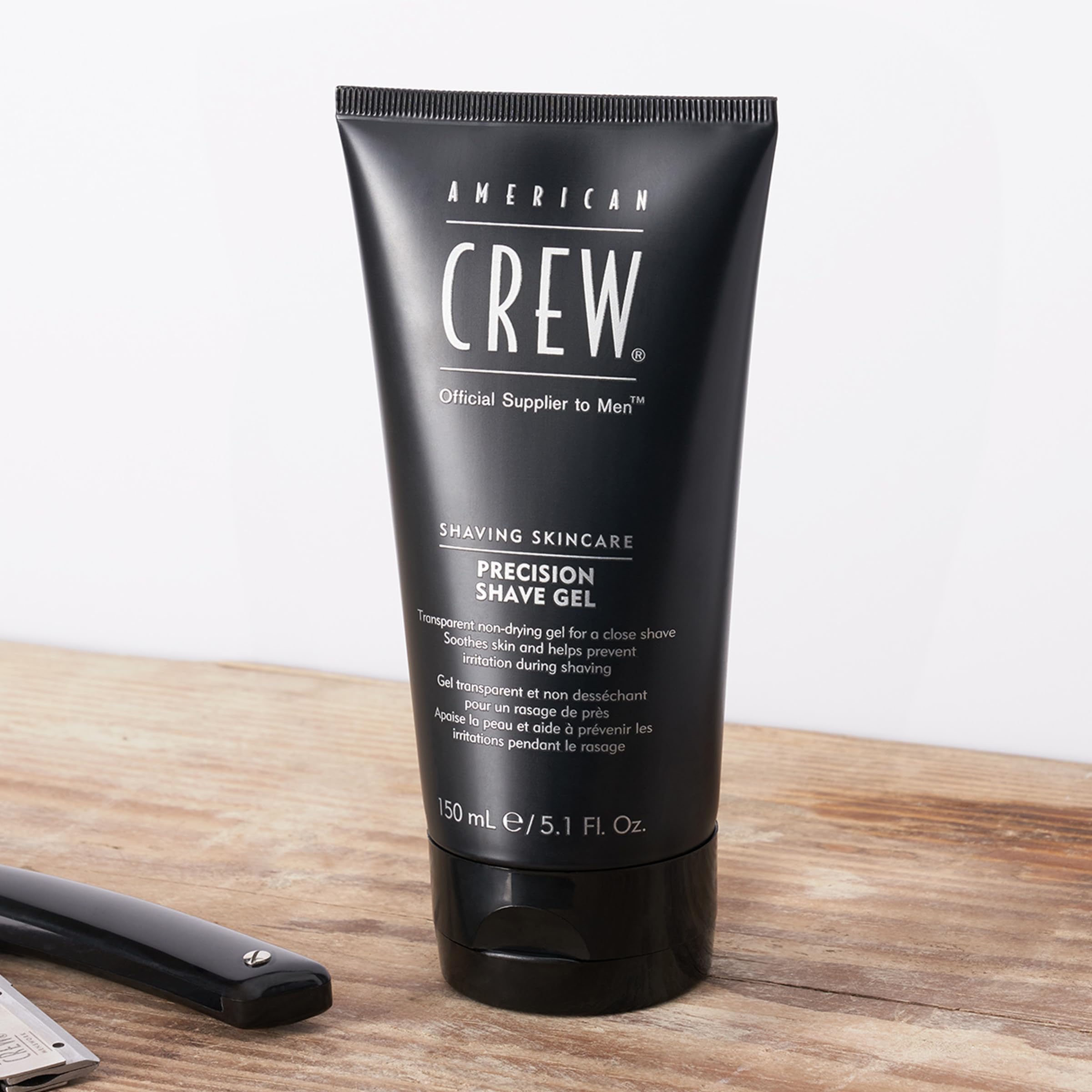 American Crew shave gel packaging 5.1 oz emphasizing professional grooming