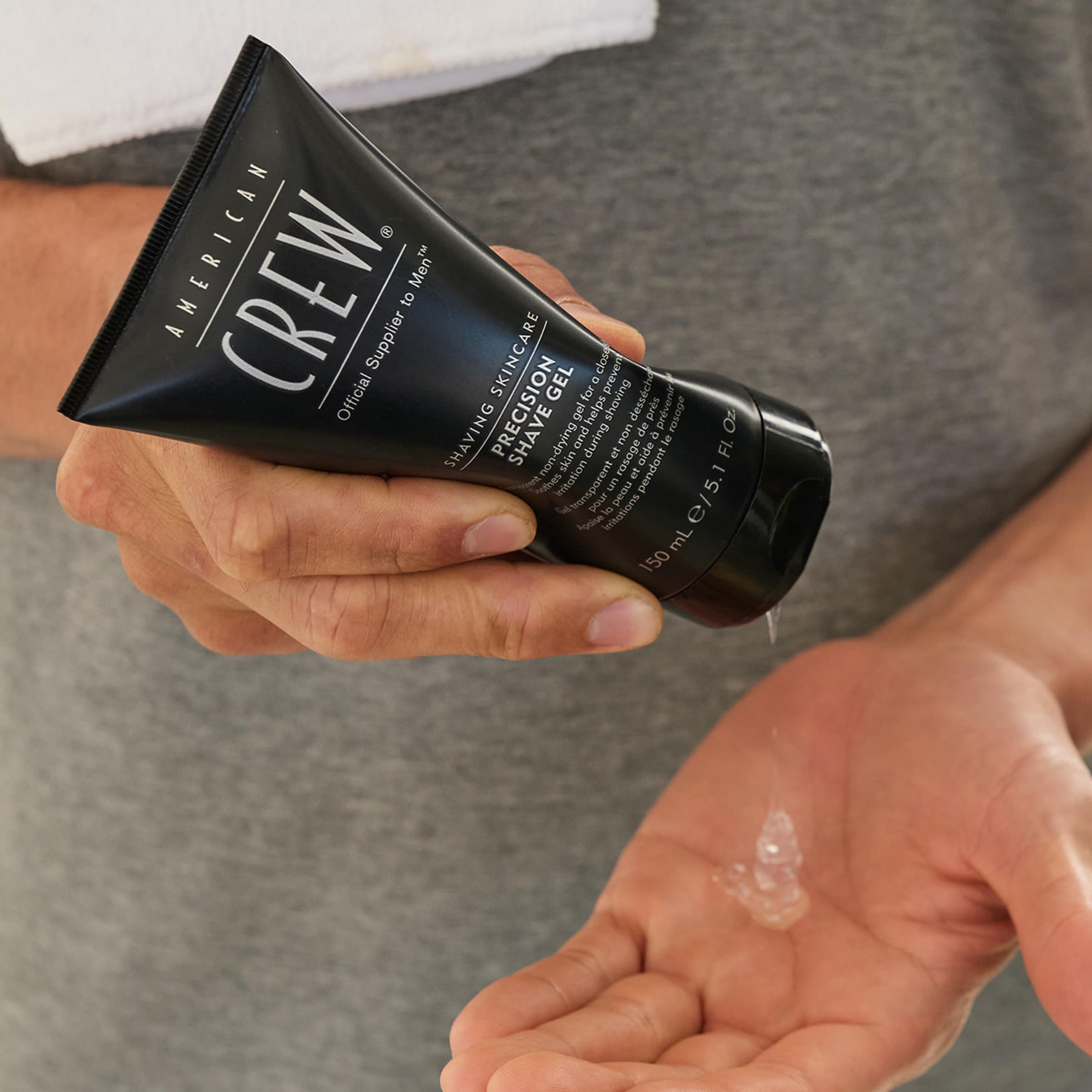 American Crew shave gel skin soothing benefit shown during post-shave comfort
