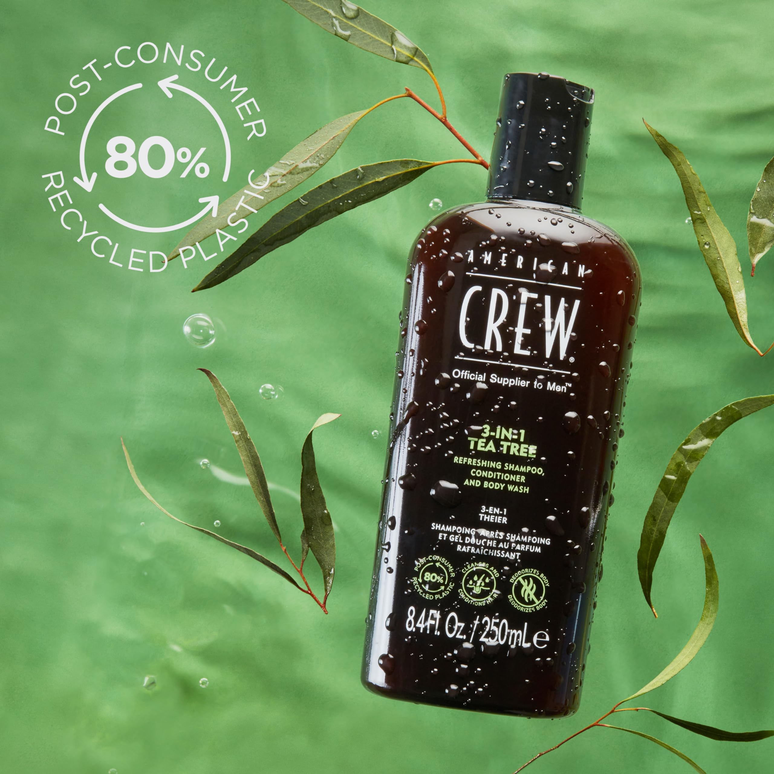 American Crew Tea Tree 3-in-1 body wash foam hydrates skin.