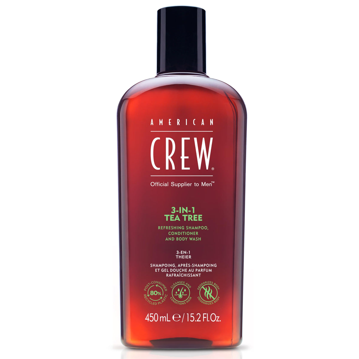 American Crew Tea Tree 3-in-1 bottle promotes refreshed scalp and clean hair.