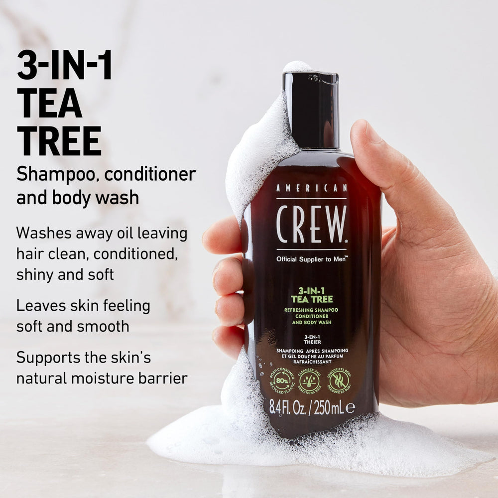 American Crew Tea Tree 3-in-1 conditioner closeup softens hair.