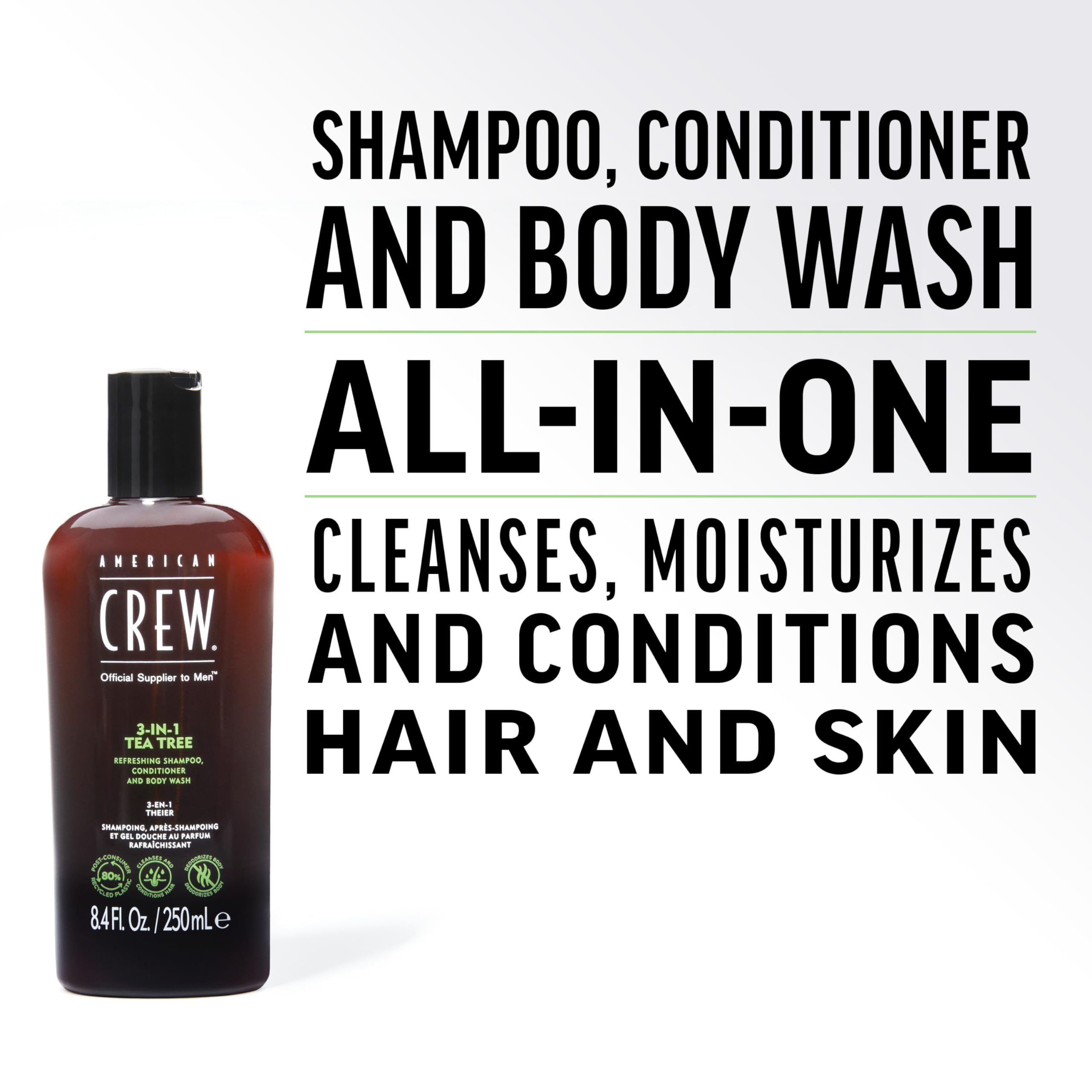 American Crew Tea Tree 3-in-1 shower gel delivers refreshing fragrance.