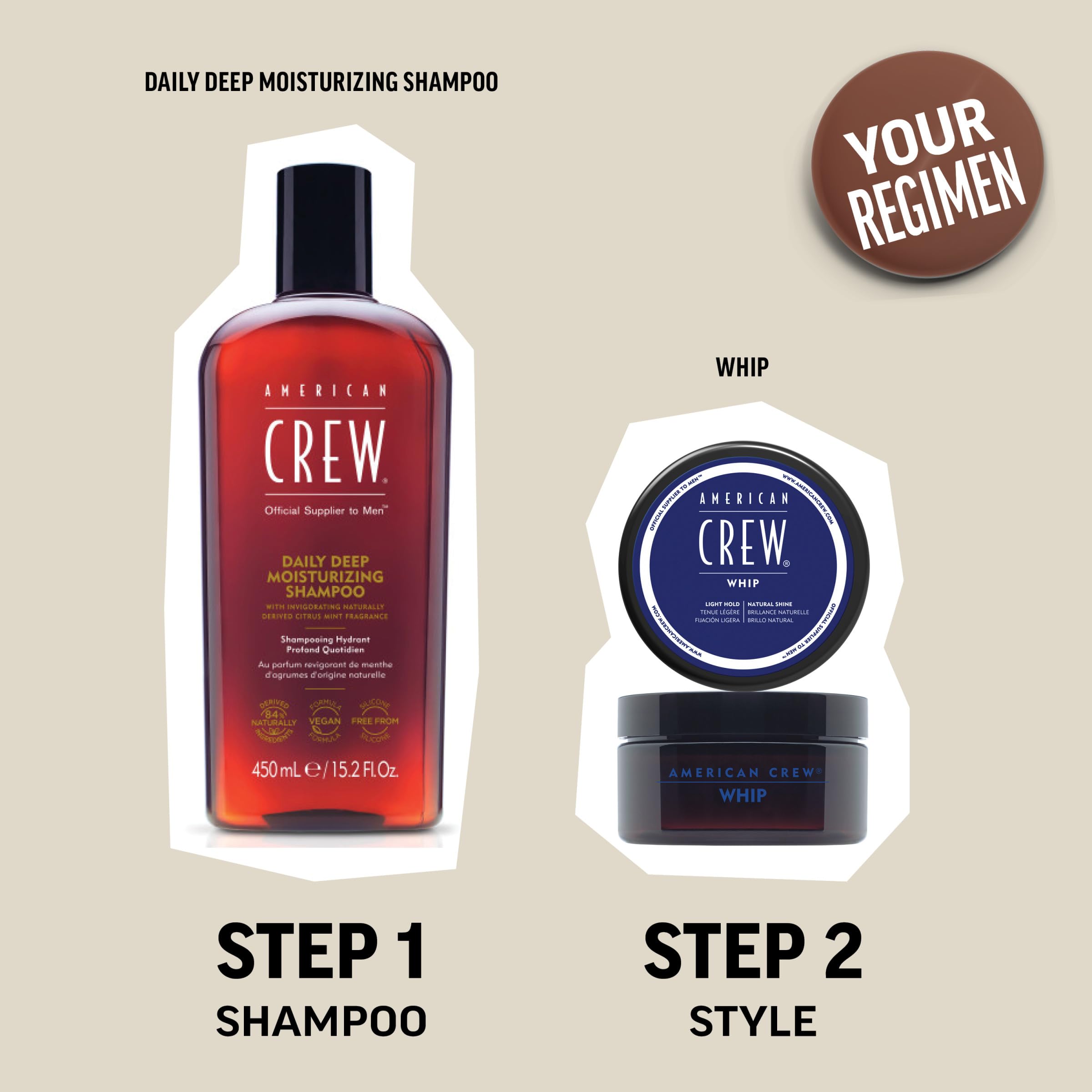 American Crew Whip Styling Cream jar shows 3 oz packaging for travel-friendly use.
