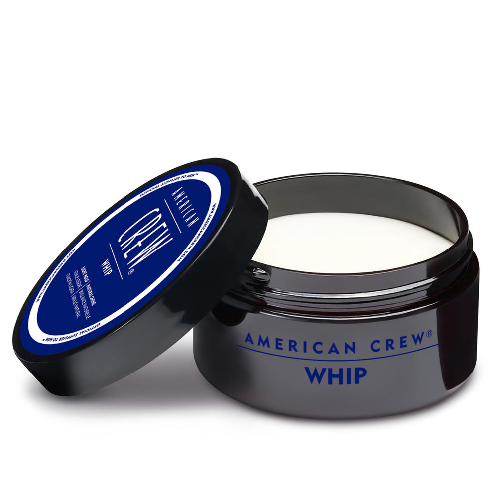 American Crew Whip Styling Cream bottle and model hair capture soft, touchable finish.