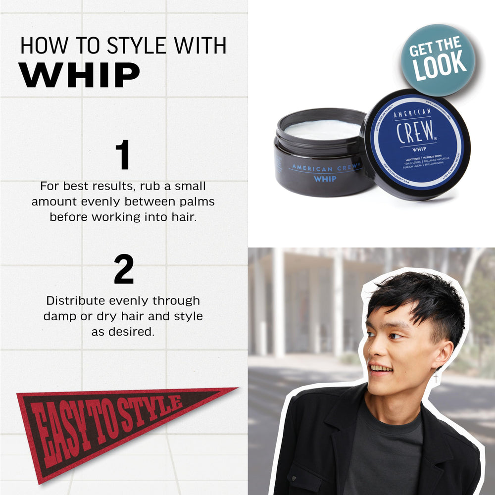 American Crew Whip Styling Cream adds natural shine for healthy-looking hair.