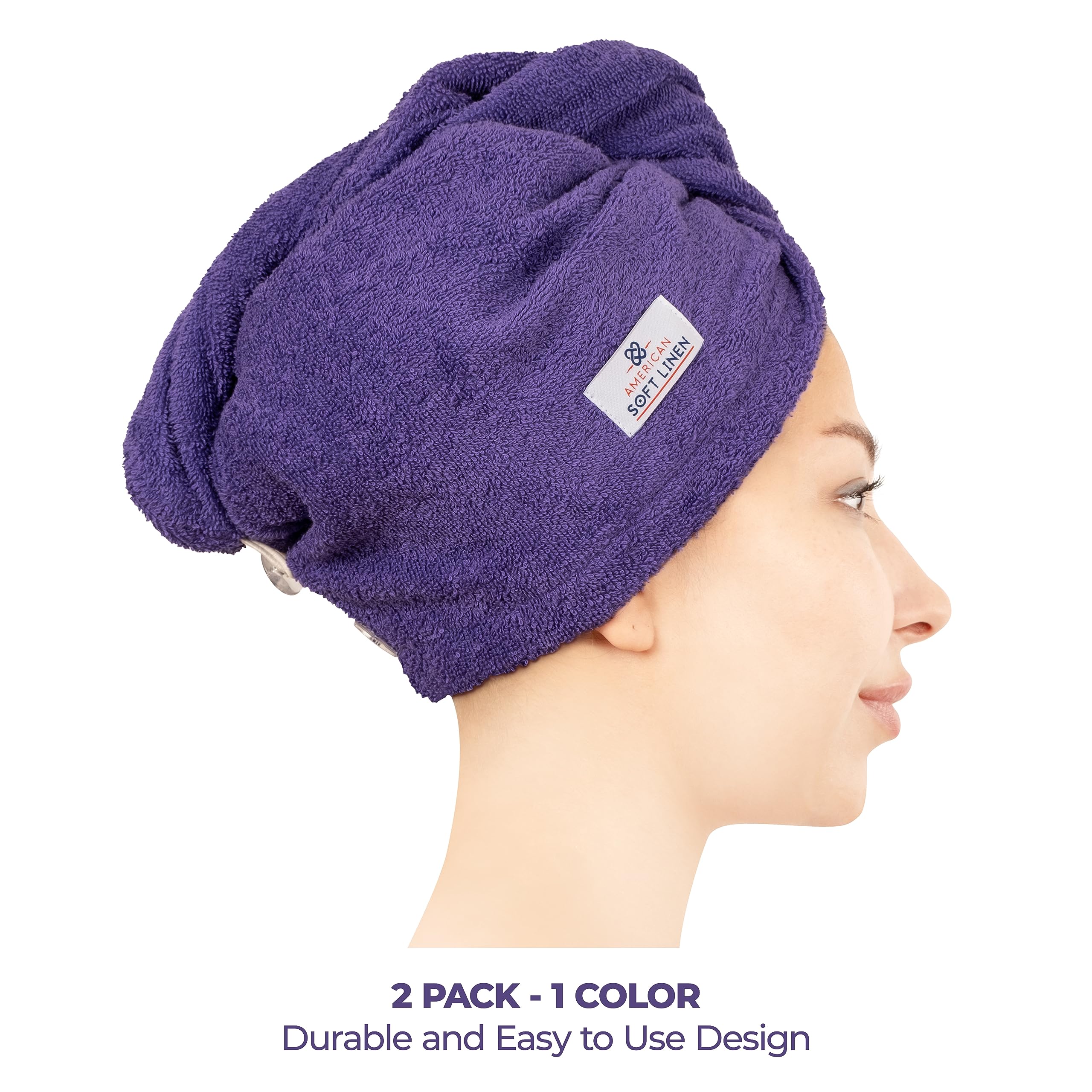 American Soft Linen absorbent cotton towel wrap 26x10 inches shown for long hair use.