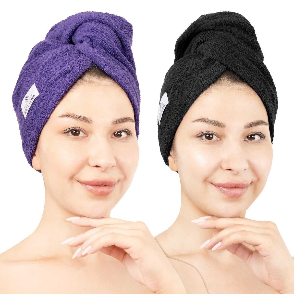 American Soft Linen hair towel 2-pack in purple-black shows soft cotton texture for quick drying.